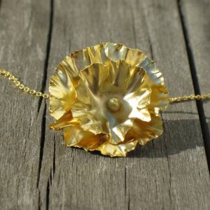 Flower Gold Plated Pendant Hammered Unique Flower Handmade Silver Golden Necklace I Make Your Fair Jewellery in My Workshop Barcelona Born