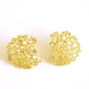 Gold earrings with traceable white diamonds ethically mined- solid gold recycled 18 karats one of a kind unique openwork shape coral design