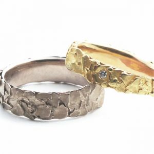 Fairmined 18K white & yellow solid gold wedding band rings duo with a Fairtrade responsibly mined diamond, Sur la roche collection