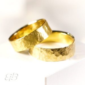 Pair of wedding bands made in Certified Fairmined 14K or 18K hammered matte minimal style