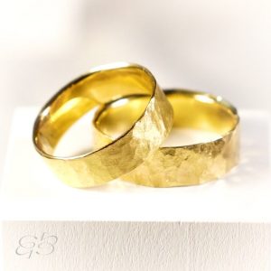 Pair of wedding bands made in Certified Fairmined 14K or 18K hammered matte minimal style