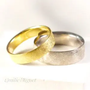 Set of plain Fairmined brushed gold wedding band rings